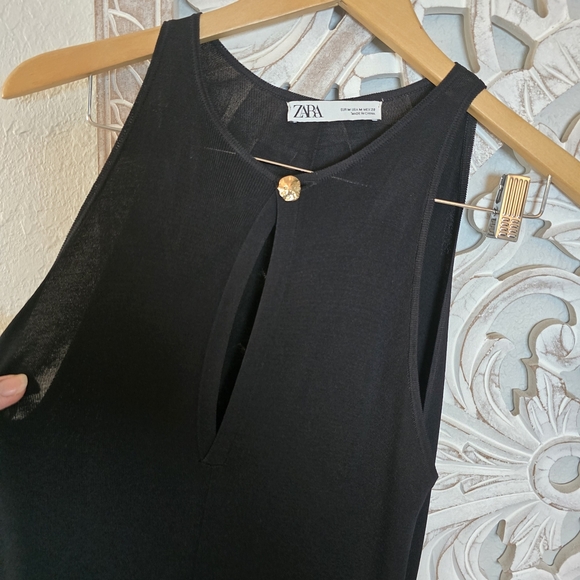 Zara Women's Black Textured Wide Leg Sleeveless Jumpsuit Gold Accent M - Picture 7 of 8